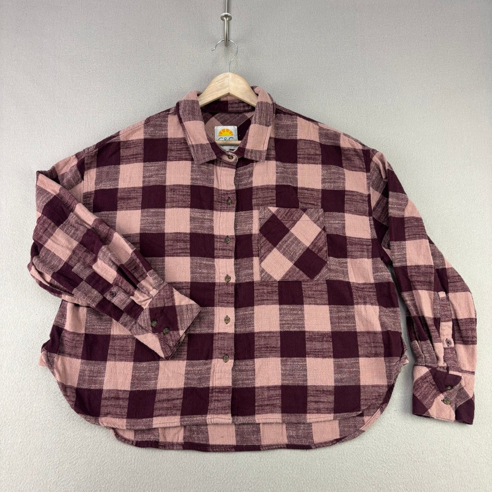 C&C California Buffalo Plaid Flannel Shirt Women L Pink Purple Casual Button
